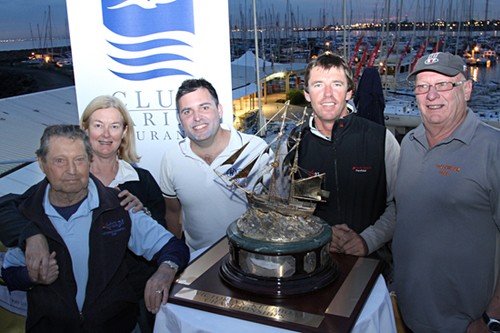 shot of the State Title winners with the historic Lady Nelson Trophy; pictured left to right Lou Abrahams (Challenge), Kate Mitchell (Goldfinger), (Alex Gilbert (Surprise) David Ellis (Penfold Audi) and Peter Blake (Goldfinger) on right. SYC’s Club Marine Centenary Regatta and State Keelboat Titles  ©  Alex McKinnon Photography http://www.alexmckinnonphotography.com